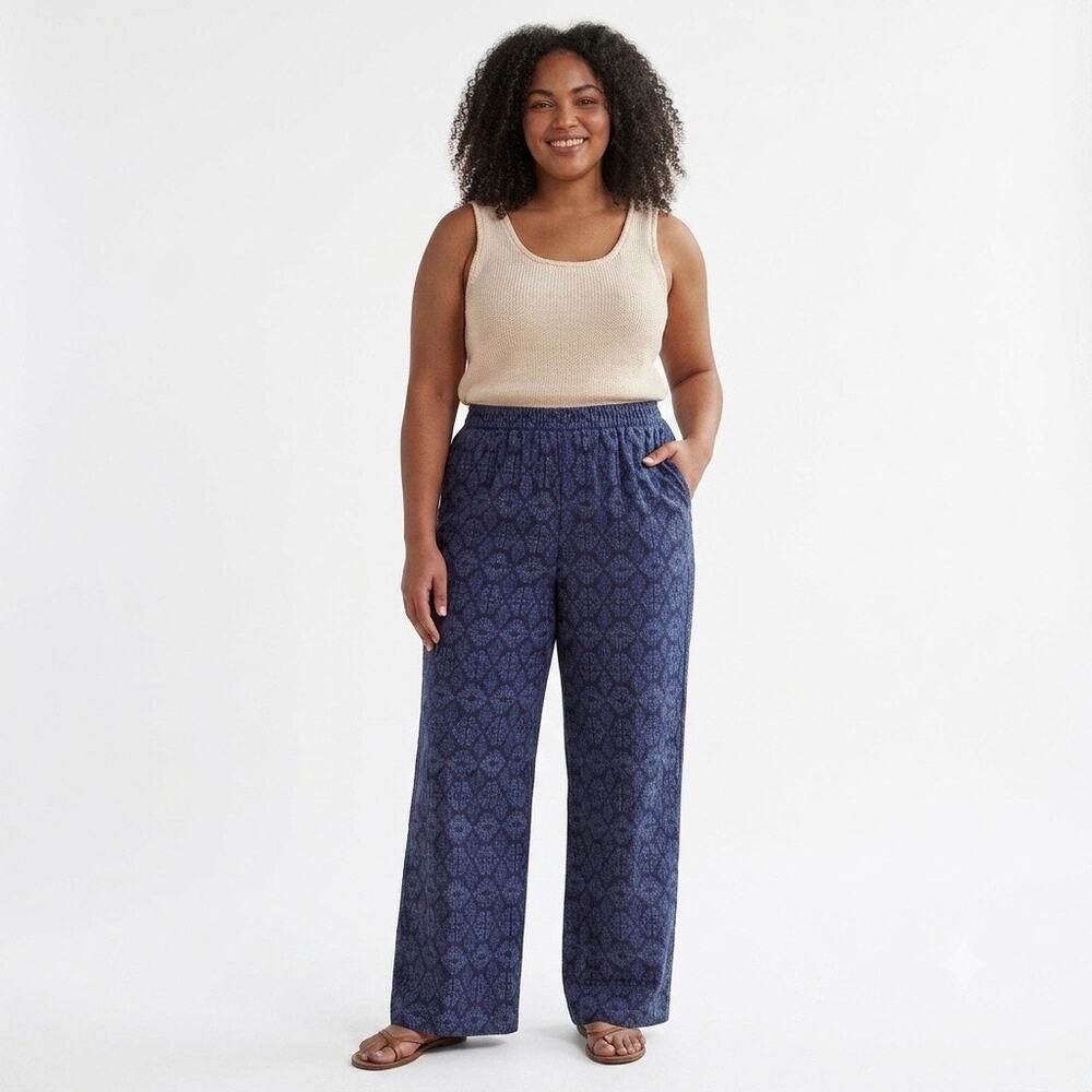 Woman Within Blue Black Batik Print Pull On Pants 32W NWT Flaw Rayon Summer